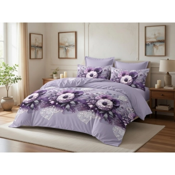 Pościel 200x220 bawełna satynowa fioletowe kwiaty - komplet PK813  z PRZEŚCIERADŁEM